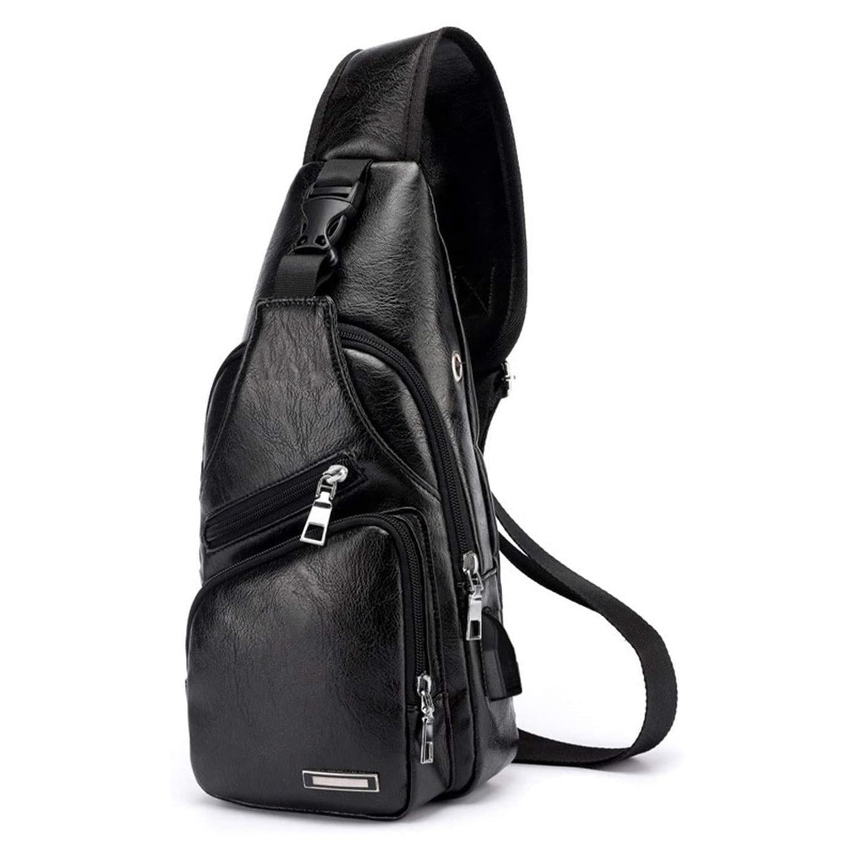 Waterproof Pu Leather Men Chest Bag Usb Port Headphone Hole - Black