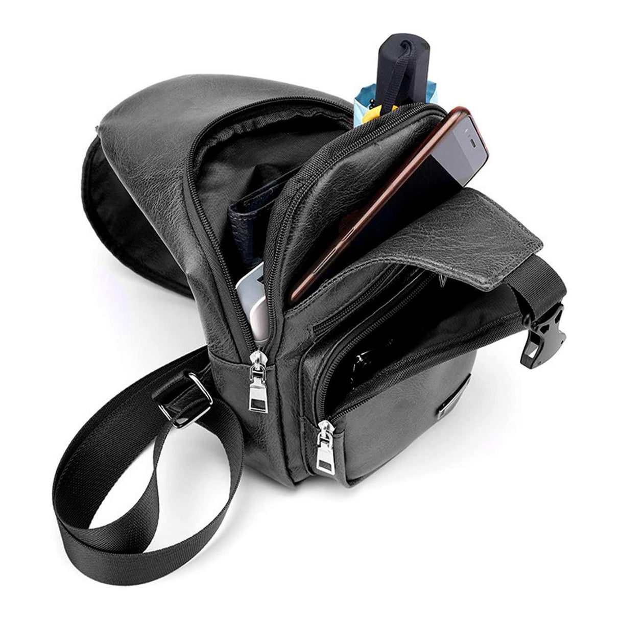 Waterproof Pu Leather Men Chest Bag Usb Port Headphone Hole - Black