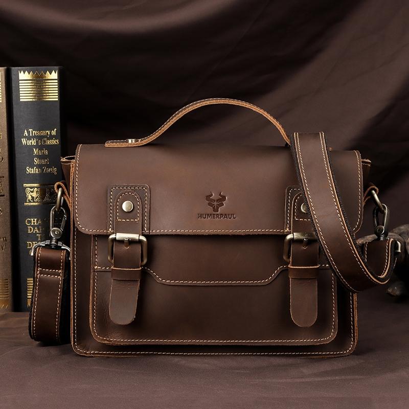 Retro Leather Men Crossbody Bag Small Square - Brown
