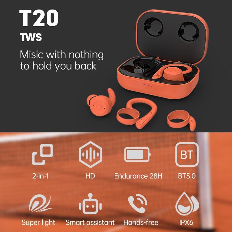 Waterproof T20 Tws Bluetooth Earphones with Charging Box and Noise-cancelling Hooks - Black