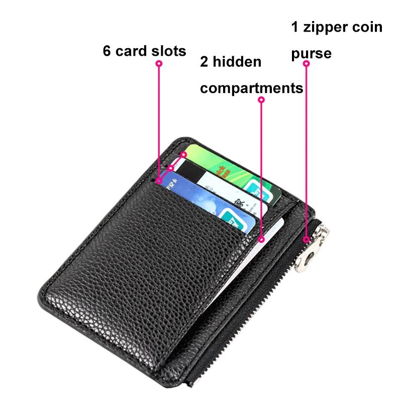 Multi Slot Zipper Card Holder Large Capacity Ultra Thin Coin Purse - Black