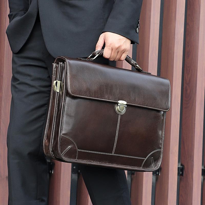 Retro Cowhide Leather Briefcase for 15.6 Laptop - Multifunctional - Coffee
