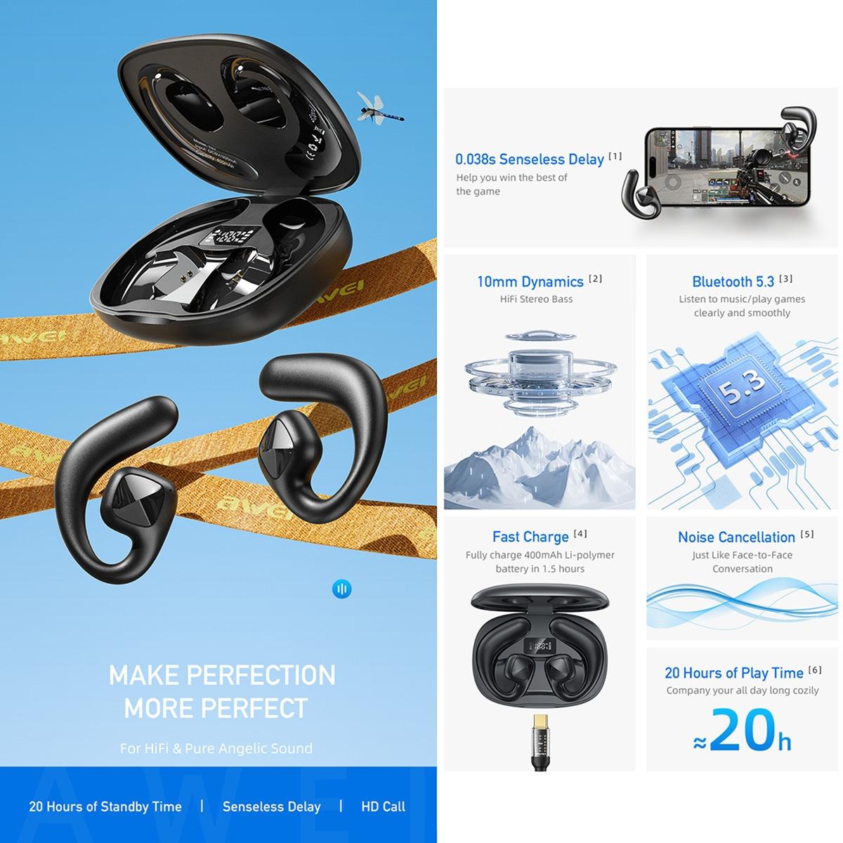 Wireless Tws Bluetooth Earbuds with Air Conduction Technology - Black