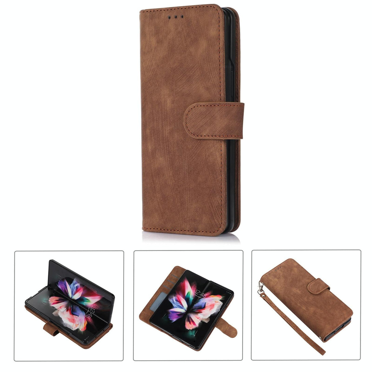 For Samsung Galaxy Z Fold4 5G Leather Phone Case With Pen Slot - Horizontal Flip - Brown