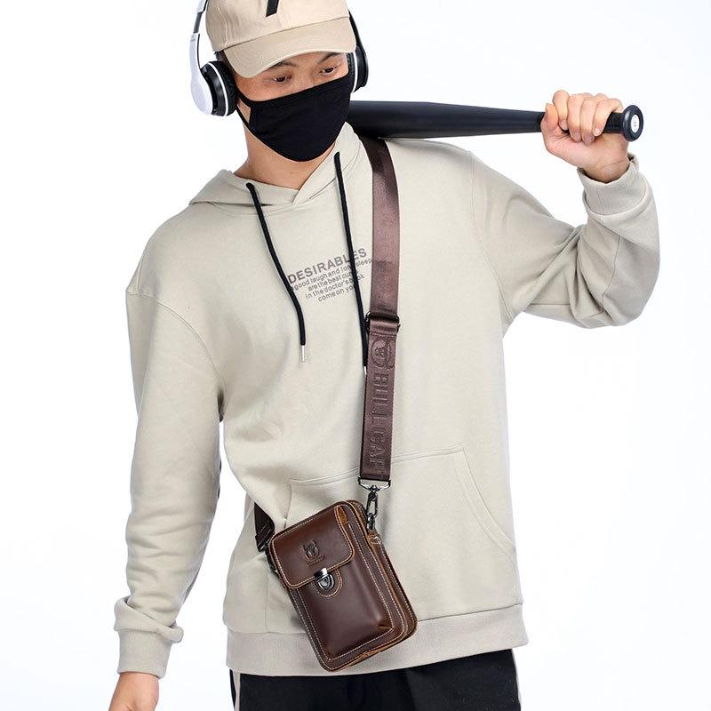 Men First Layer Cowhide Waist Bag Multi Function - Black