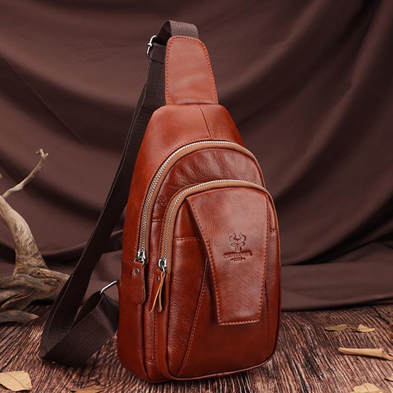 Leather Men Shoulder Bag Compact & Stylish - Red Brown