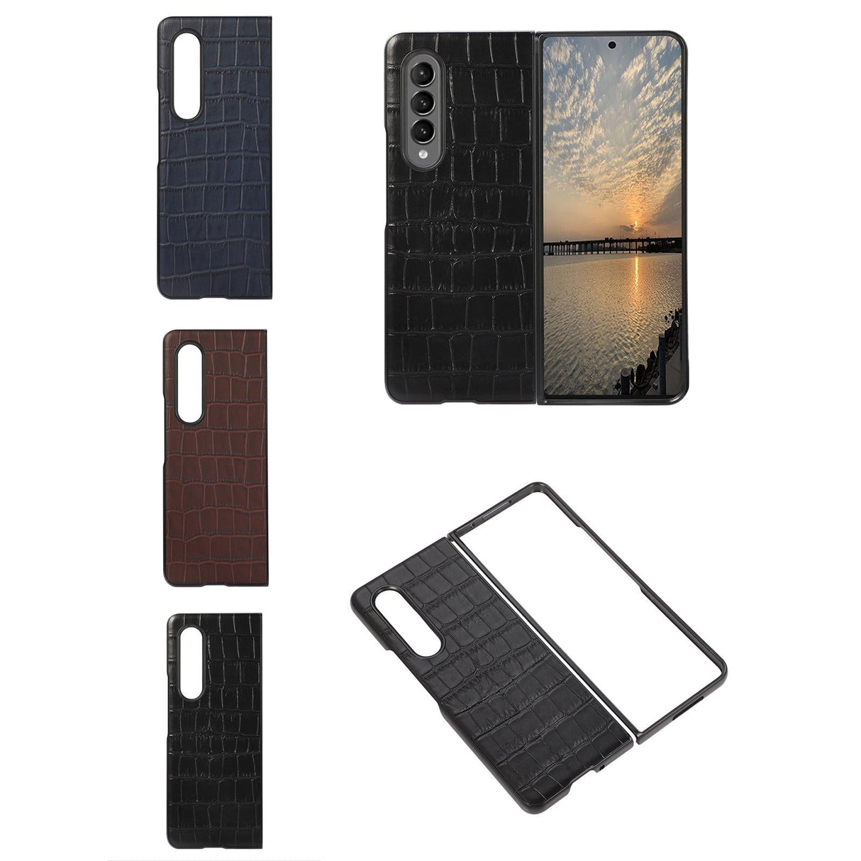 For Samsung Galaxy Z Fold4 5G Genuine Leather Crocodile Texture Phone Case - Black