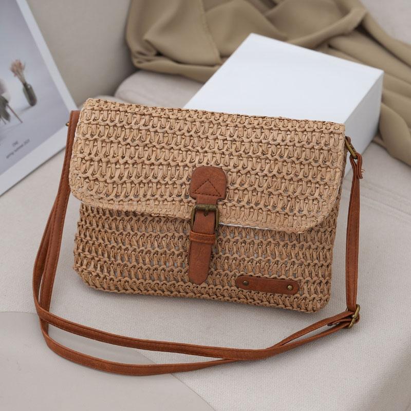 Vintage Crossbody Straw Bag For Women - Khaki