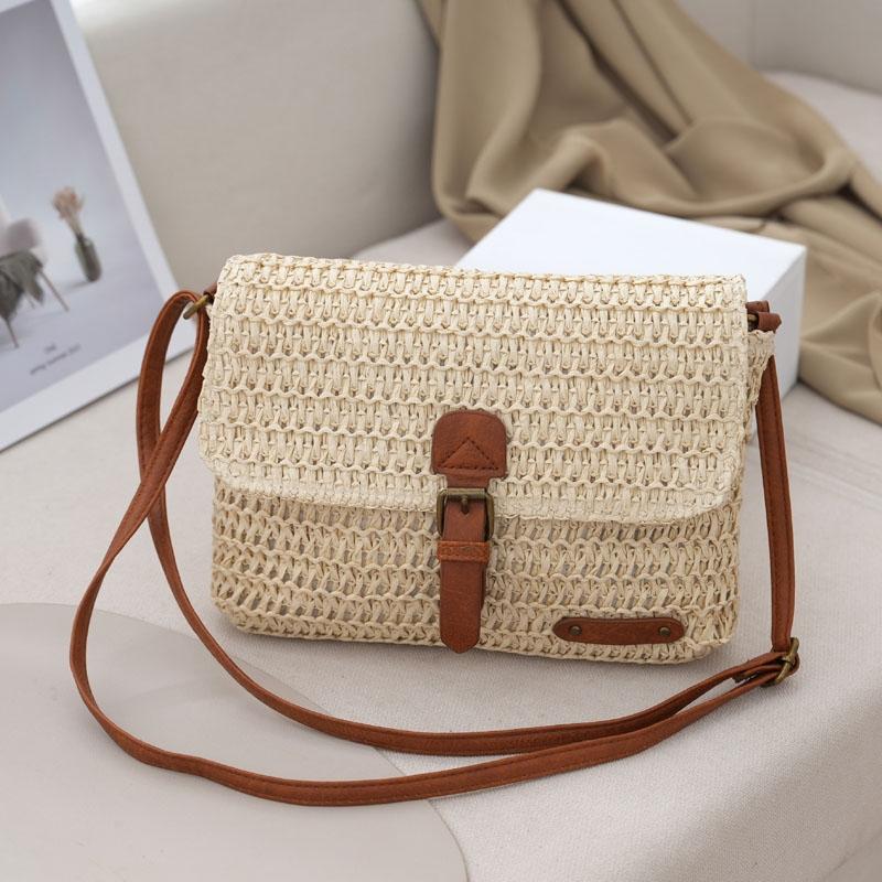 Vintage Crossbody Straw Bag For Women - Khaki