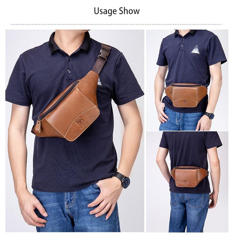 Large Capacity Cowhide Waist Bag For Men - Black