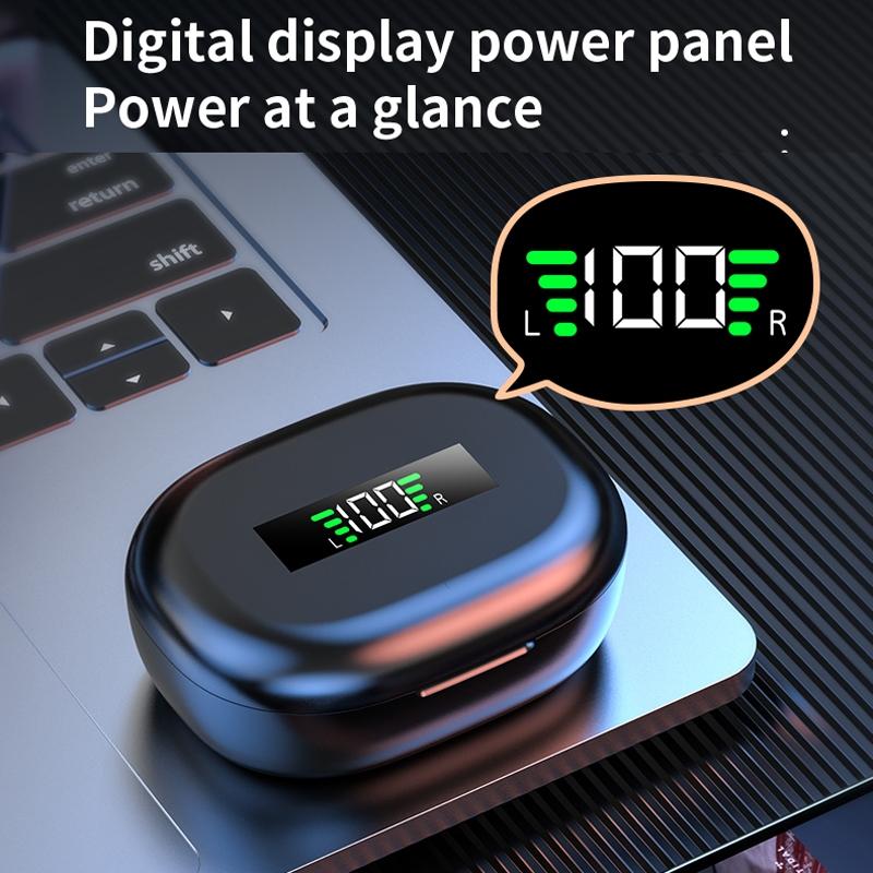 Wireless Bluetooth Earphones with Charging Bin and Digital Display - Black