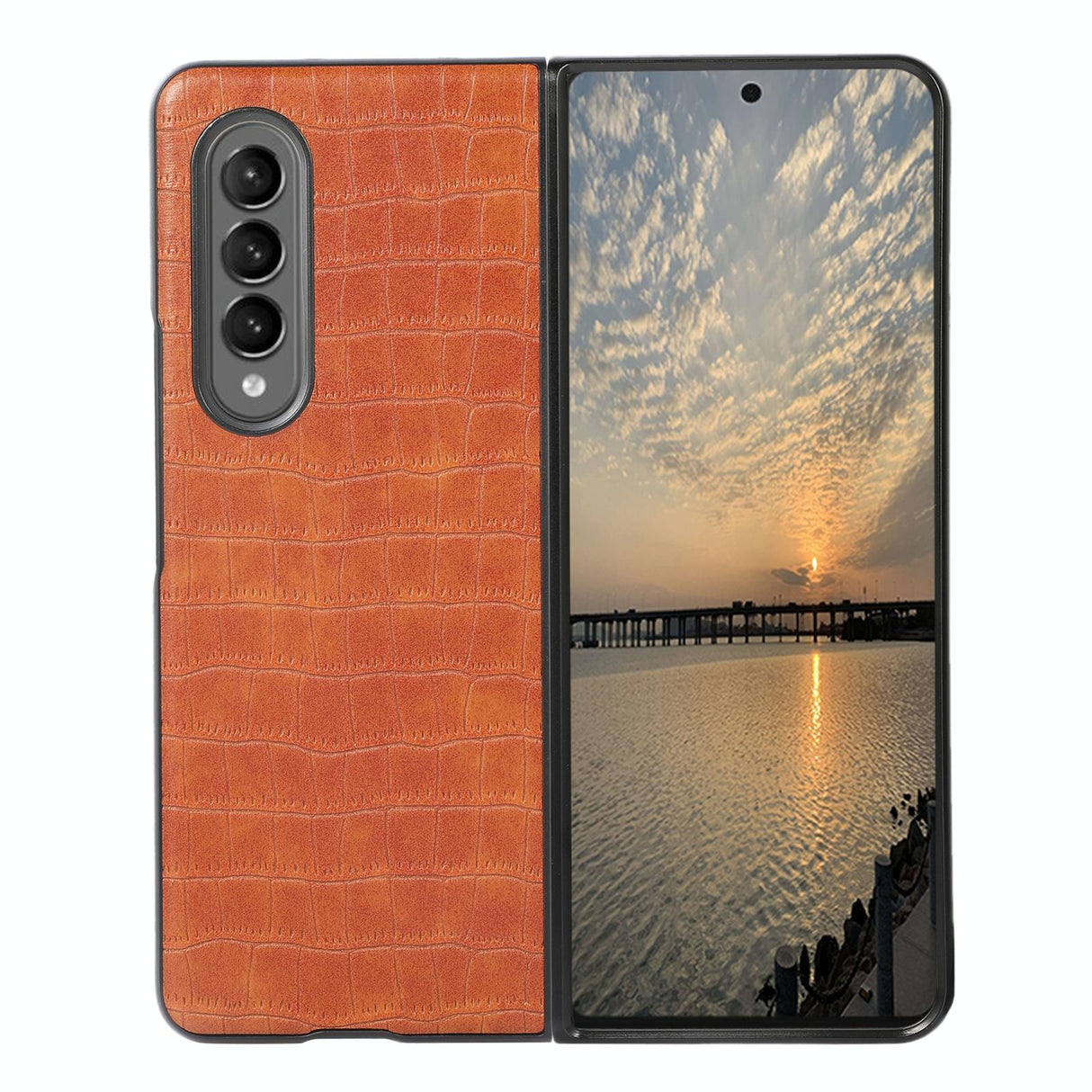 For Samsung Galaxy Z Fold4 5G Foldable Crocodile Texture Phone Case - Pu Leather - Black