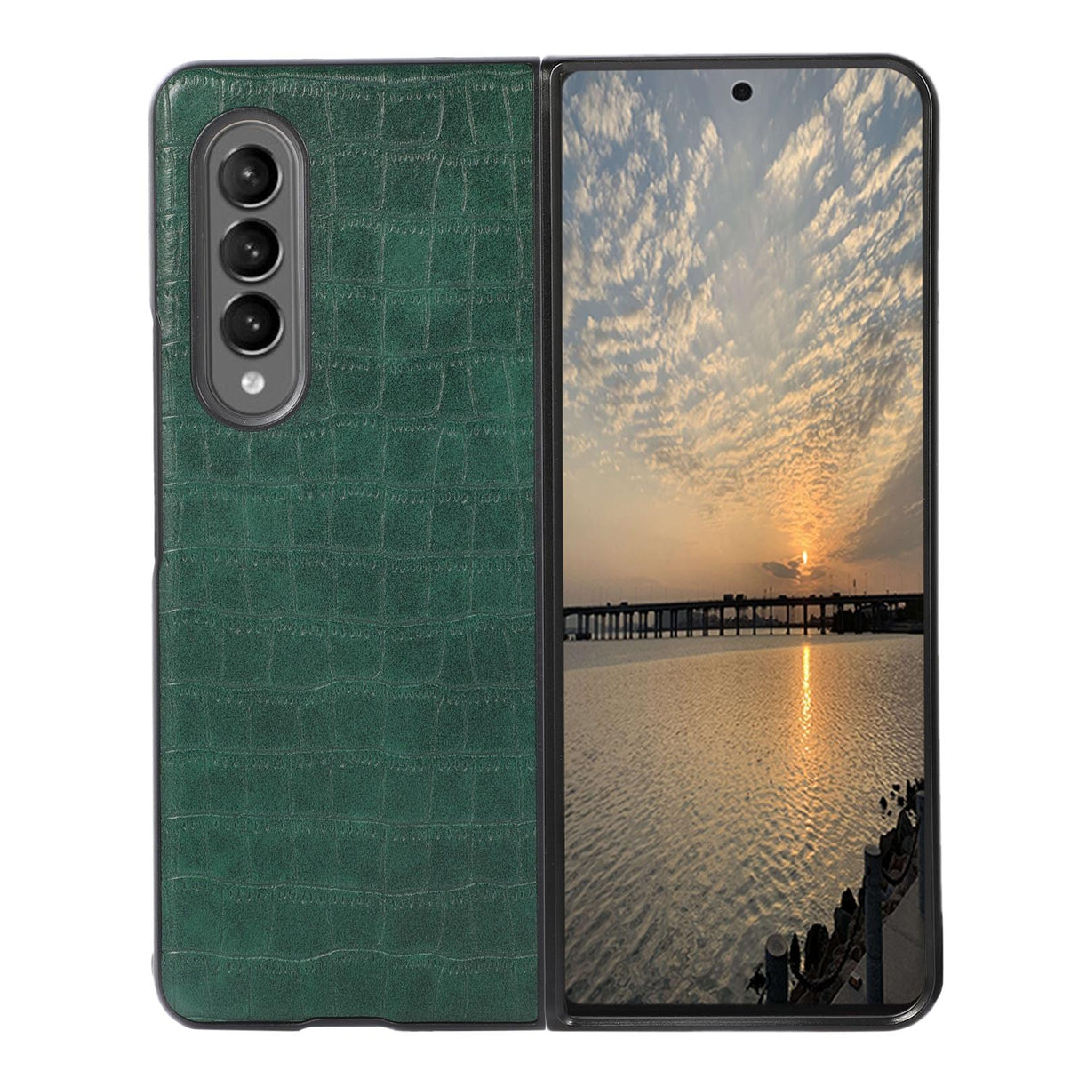 For Samsung Galaxy Z Fold4 5G Foldable Crocodile Texture Phone Case - Pu Leather - Black