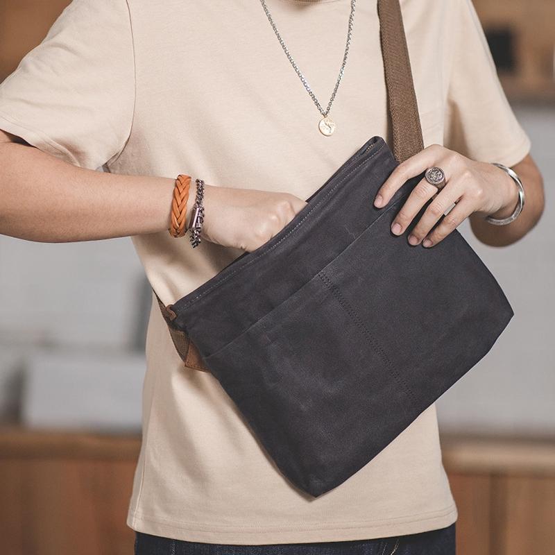 Retro Minimalist Oil Wax Canvas Shoulder Bag Dark Gray