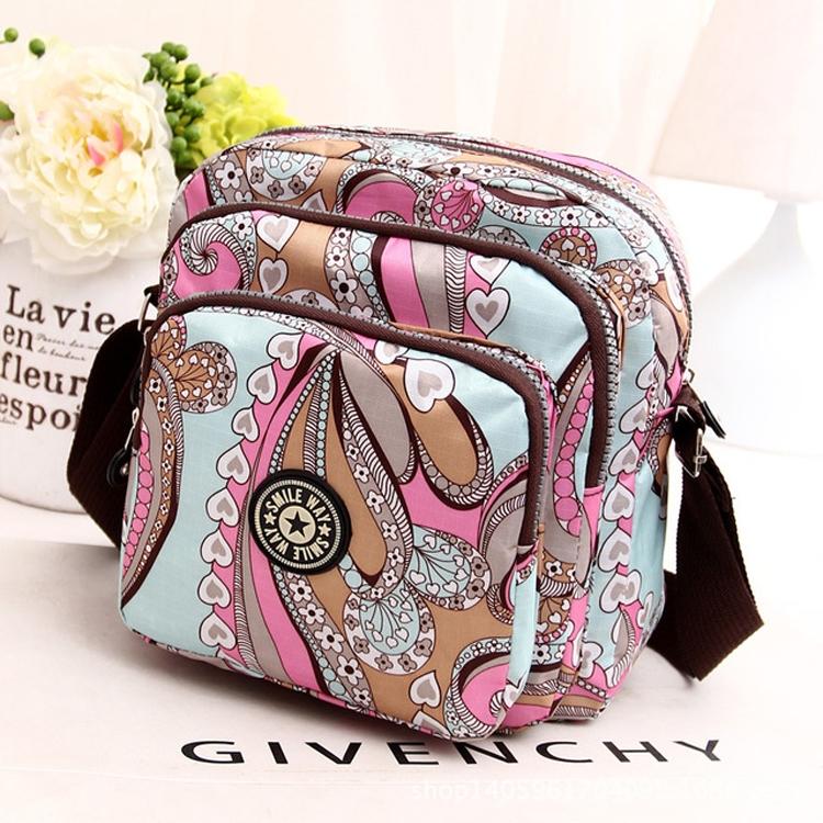 Waterproof Nylon Multilayer Crossbody Bag For Women - Purple Flower