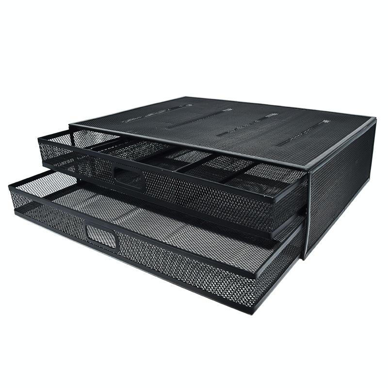 Double Iron Desktop Stand with Drawer for Height Increase and Storage - Black