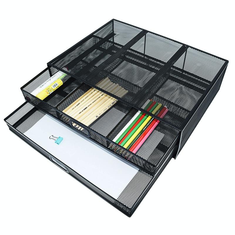 Double Iron Desktop Stand with Drawer for Height Increase and Storage - Black