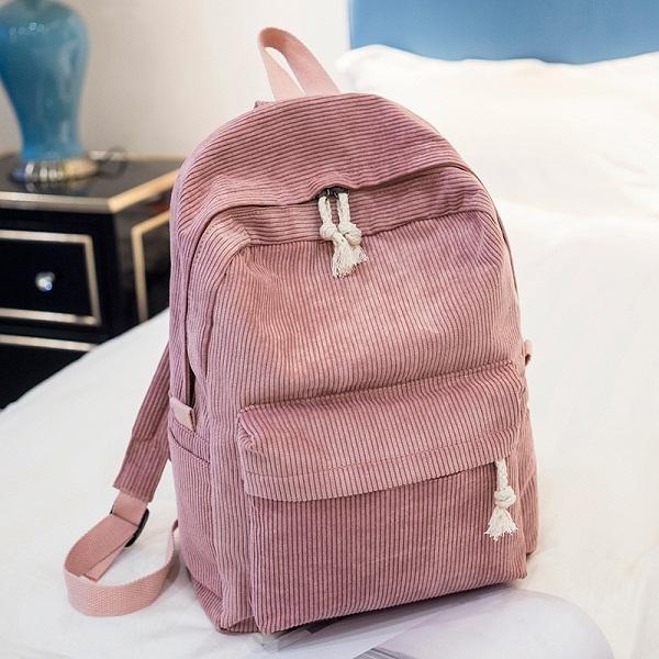 Girls' and Women Corduroy Backpack - School - Light Grey