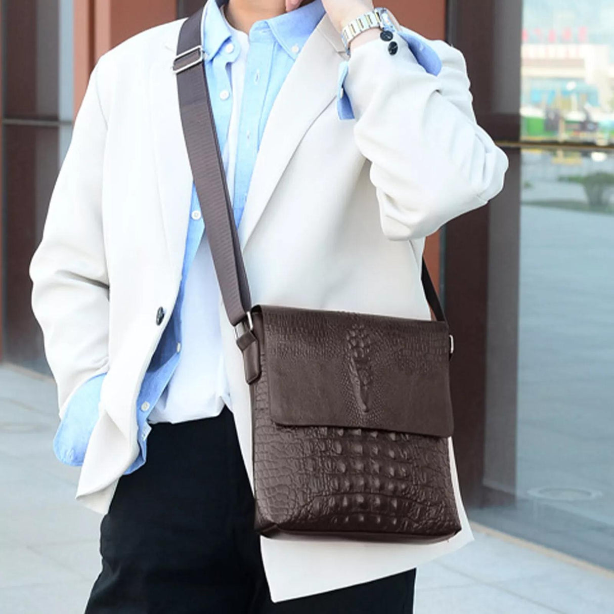 Water Repellent Vertical Leather Shoulder Bag For Men - Black