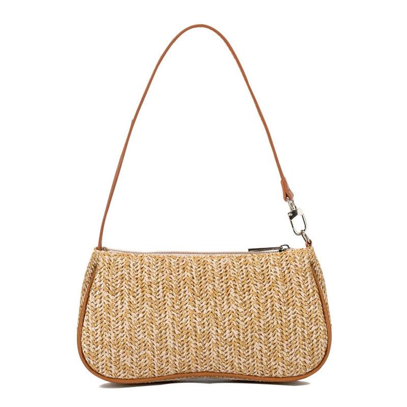 Khaki Woven Straw Shoulder Bag For Women