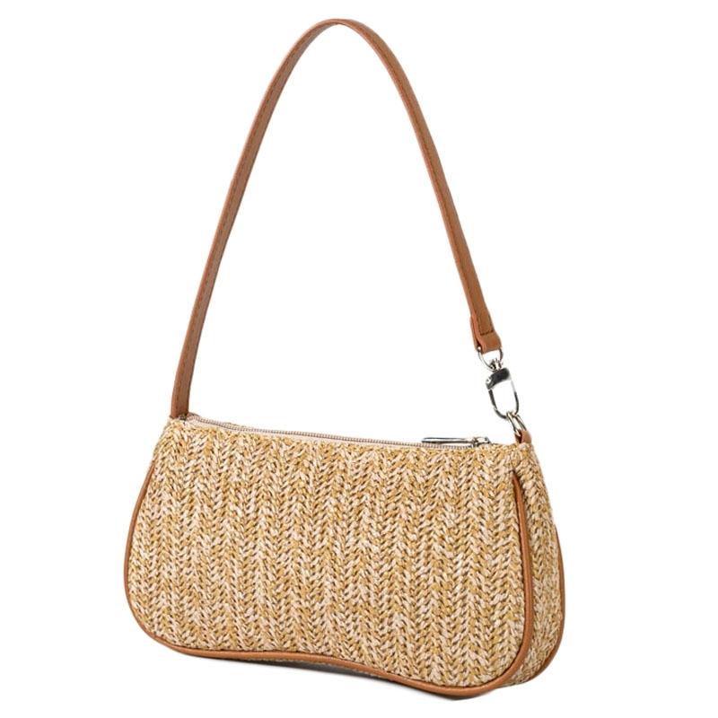 Khaki Woven Straw Shoulder Bag For Women