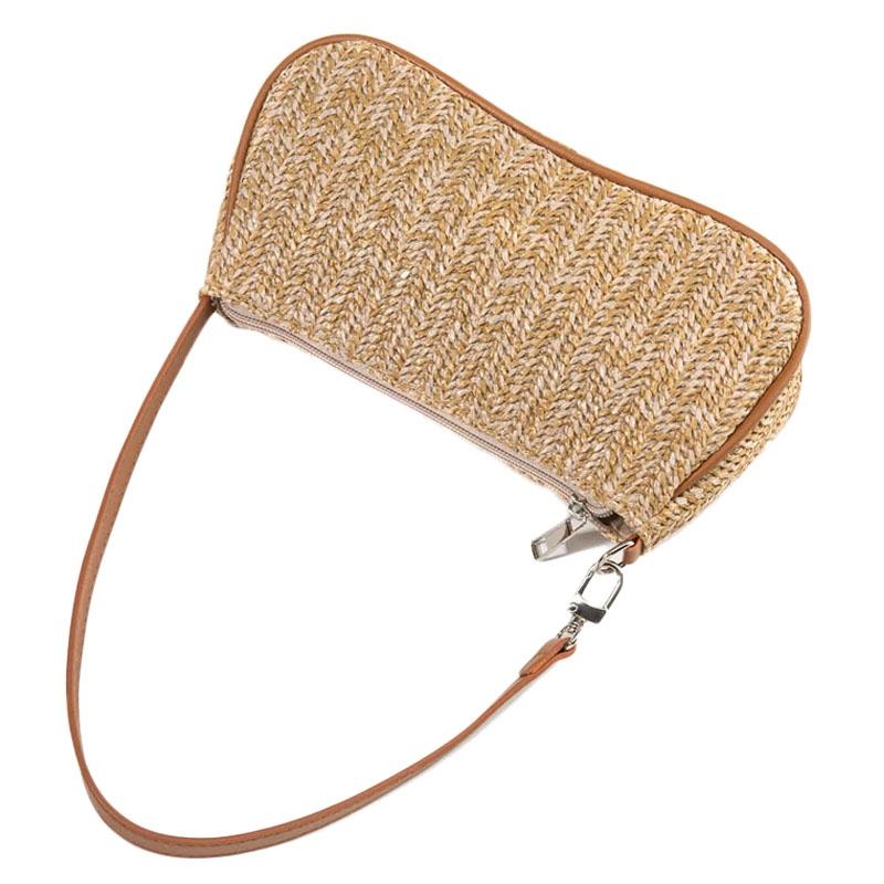 Khaki Woven Straw Shoulder Bag For Women