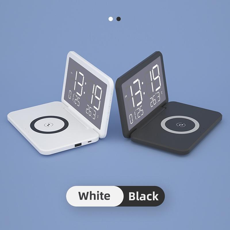 Foldable Desk Calendar Clock With Wireless Charger & Alarm - Black