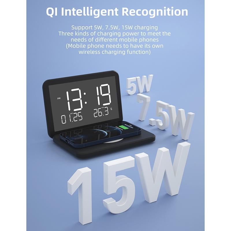 Foldable Desk Calendar Clock With Wireless Charger & Alarm - Black