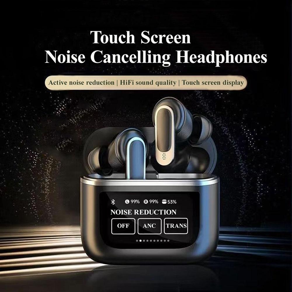 Wireless Bluetooth Earphones with Touch Screen and Active Noise Reduction - Black