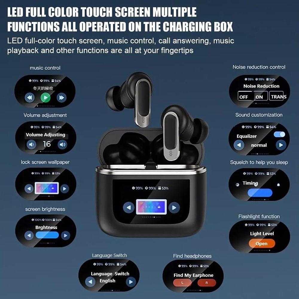 Wireless Bluetooth Earphones with Touch Screen and Active Noise Reduction - Black