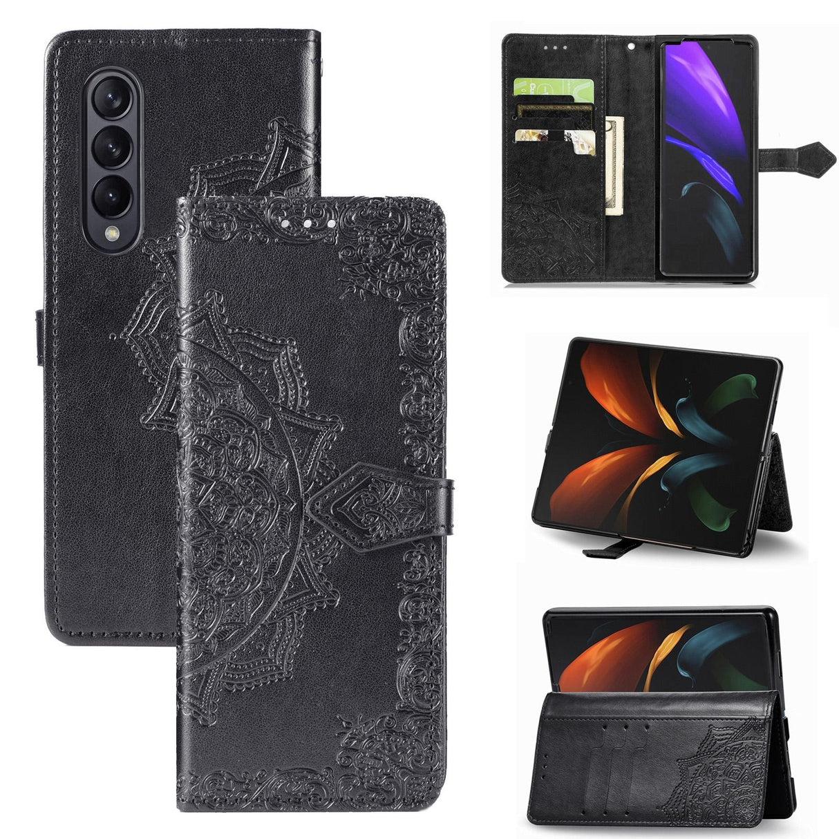 For Samsung Galaxy Z Fold4 5G Embossed Mandala Leather Phone Case - Black