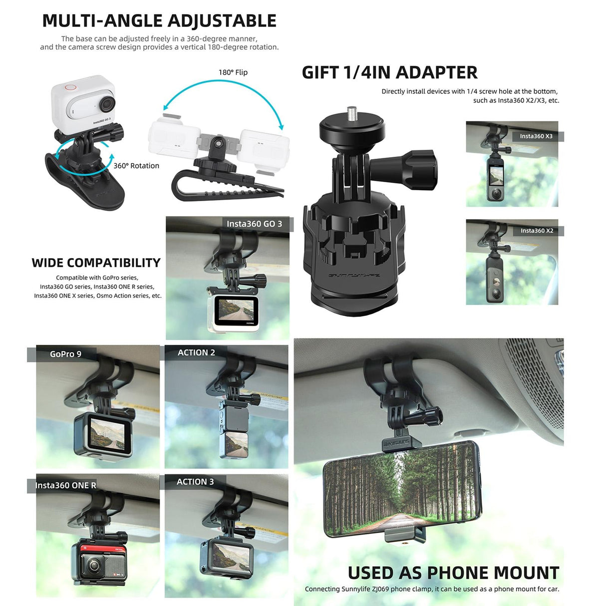 360 Degree Rotating Sun Visor Camera Mount for Vlogging