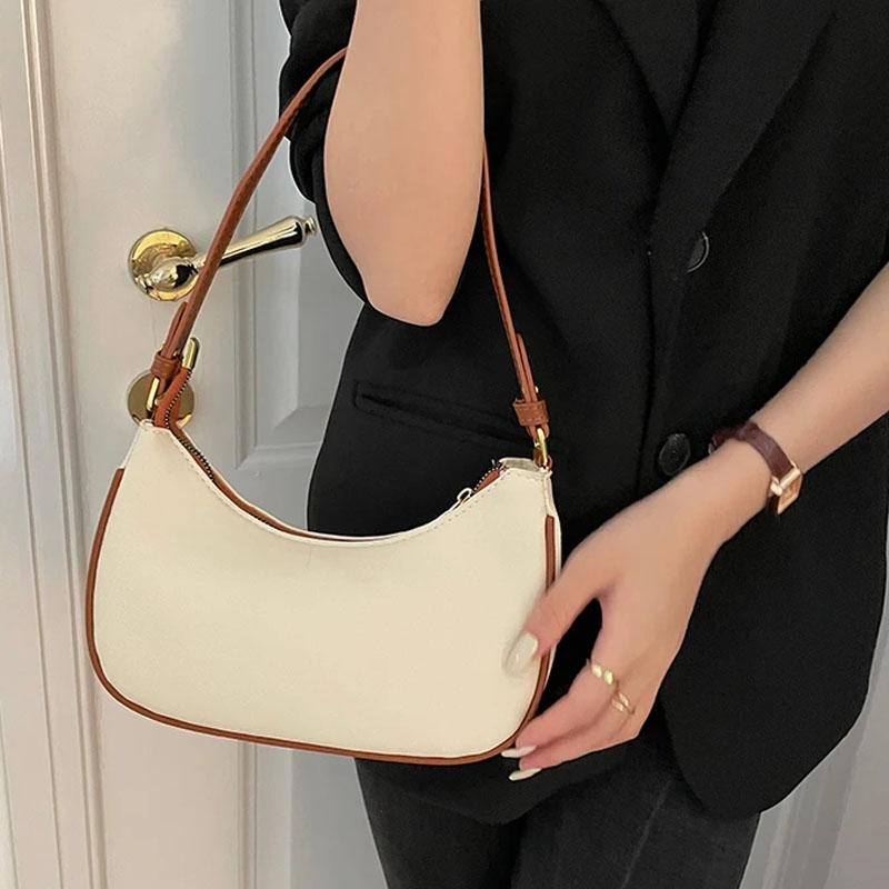 Stylish Crescent Shoulder Bag For Women - Beige With Brown