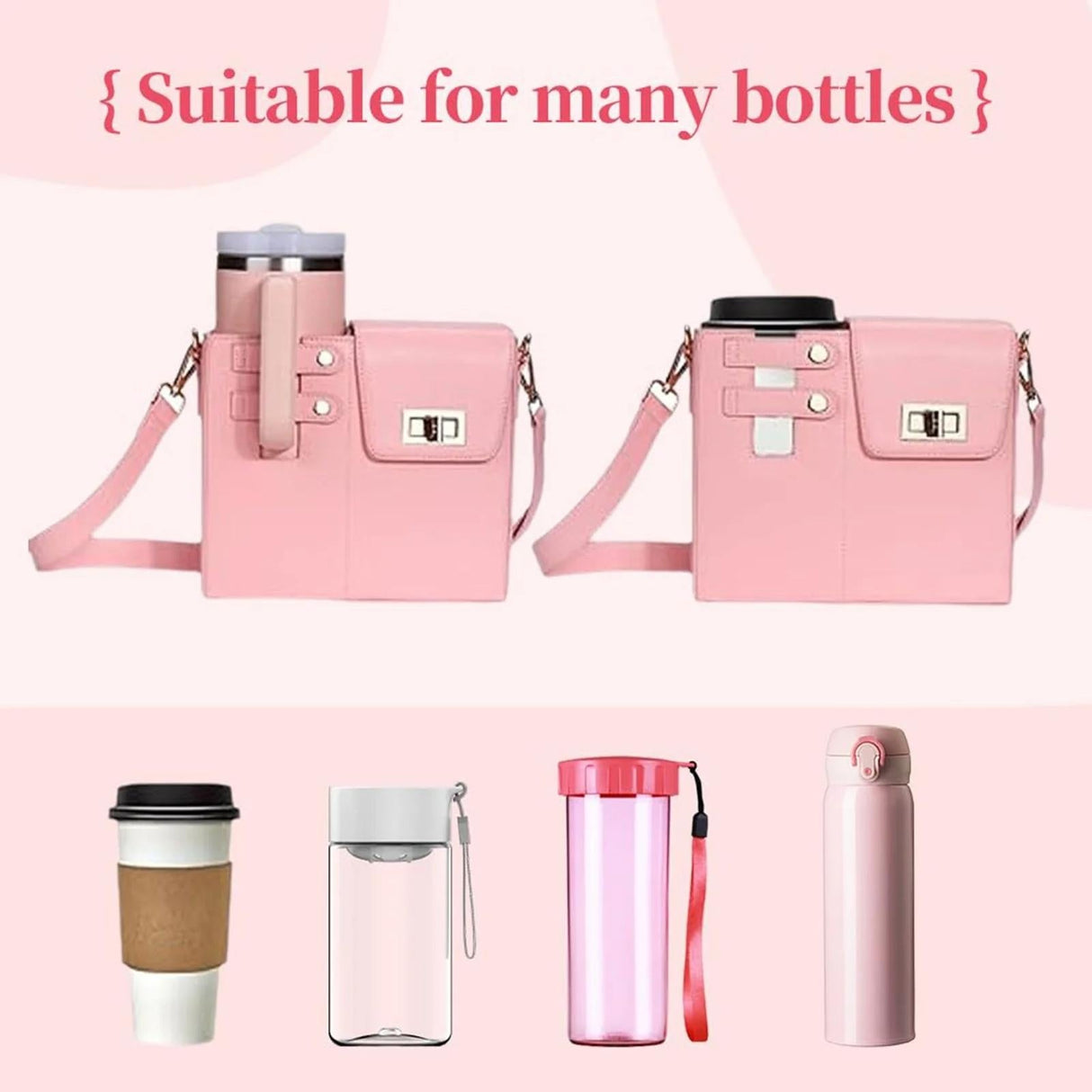 Leather Shoulder Bag For Water Bottles Fits Most Brands - Pink