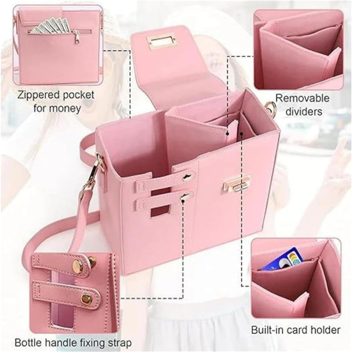 Leather Shoulder Bag For Water Bottles Fits Most Brands - Pink