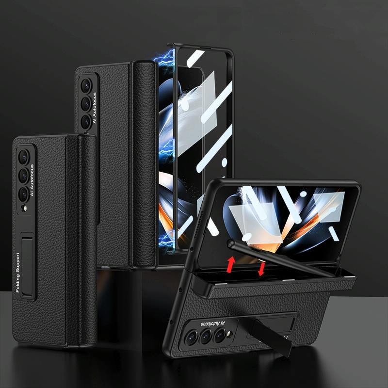 For Samsung Galaxy Z Fold4 5G Leather Phone Case With Foldable Hinge And Holder - Black
