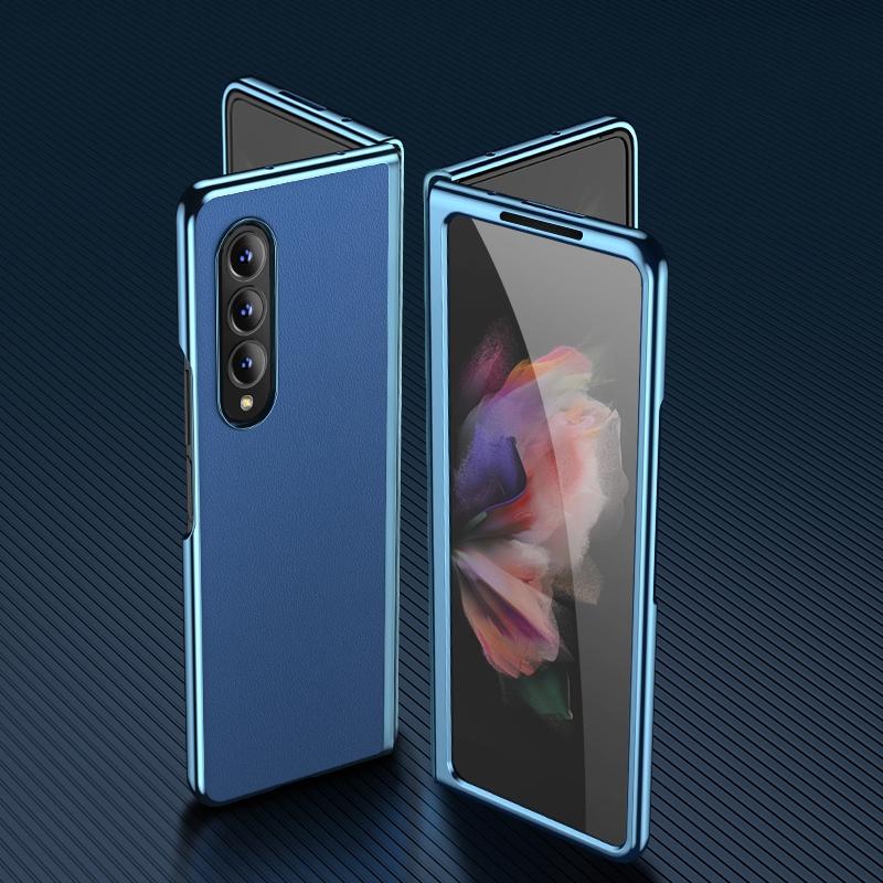 For Samsung Galaxy Z Fold4 5G Leather Folding Phone Case - Electroplated Finish - Black