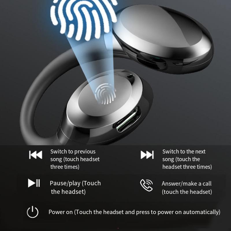 Waterproof Touch Control Wireless Earphones with Ear-hook for Sports - Black