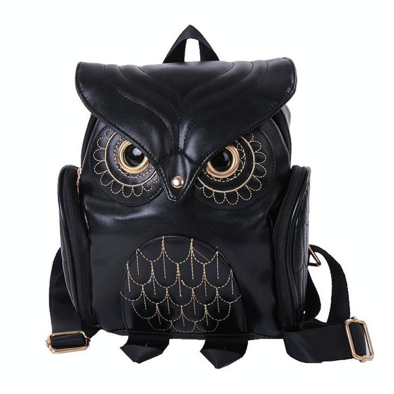 Women Owl Print Pu Backpack - Colourful and Stylish - Black