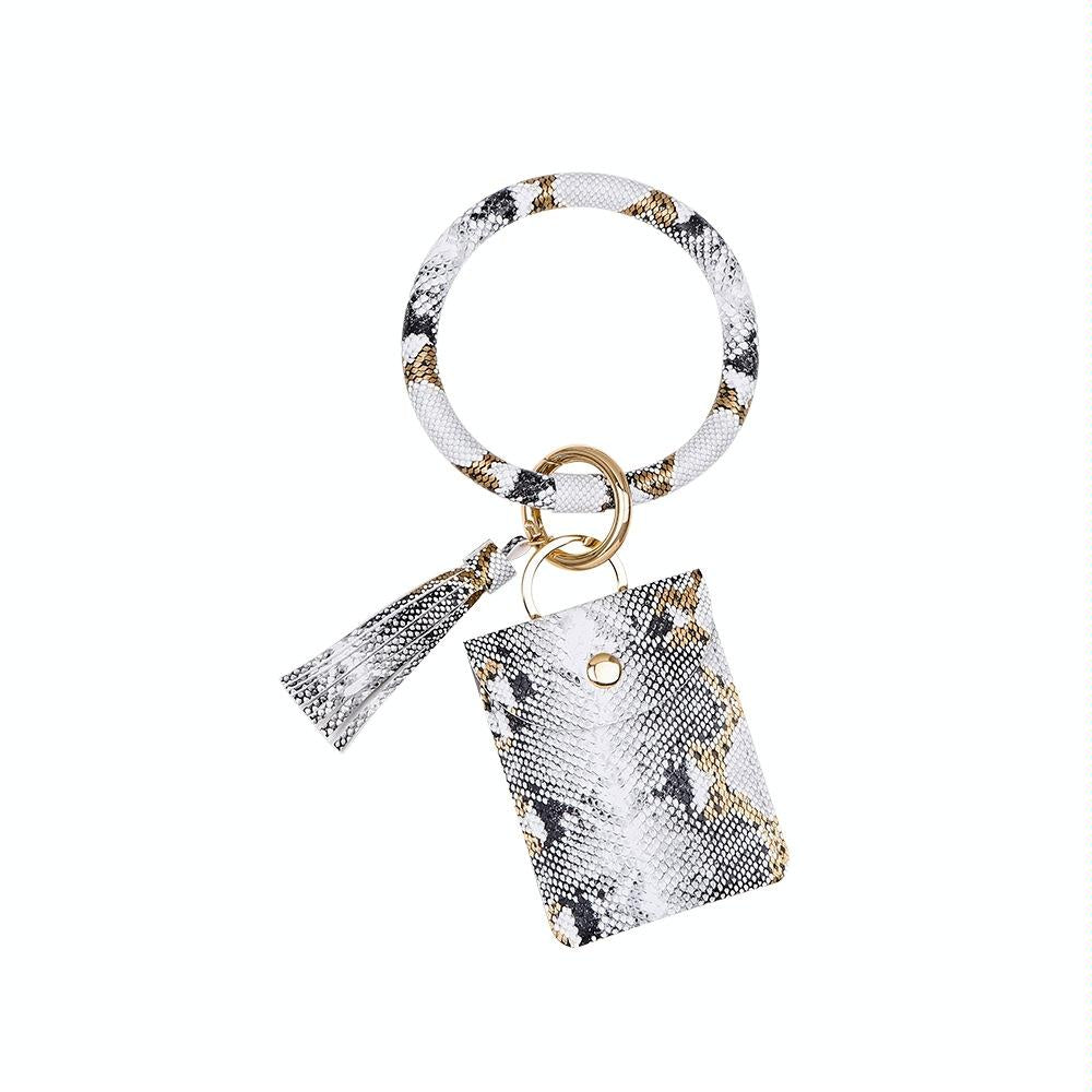 Snake Print Wrist Keychain Coin Purse Black Pu Leather Bracelet Card Case - White