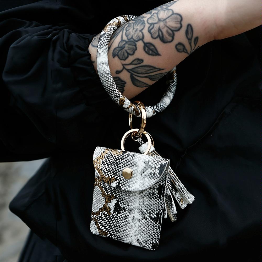 Snake Print Wrist Keychain Coin Purse Black Pu Leather Bracelet Card Case - White