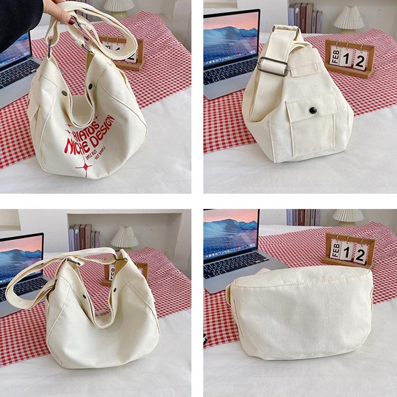 Printed Letter Canvas Tote For Women Spacious & Casual - White