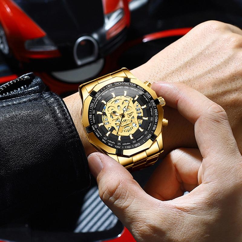 Waterproof Luminous Skeleton Watch - 30m - White Steel Black