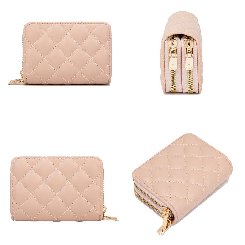 Double Layer Zipper Wallet Multi Card Slot Large Capacity Rhombus Design - Beige