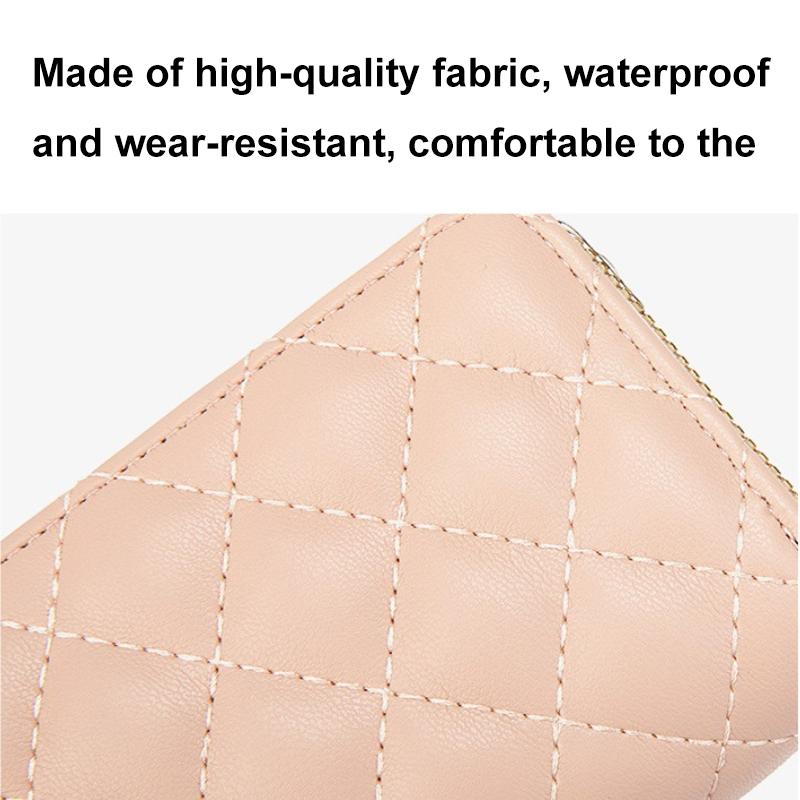 Double Layer Zipper Wallet Multi Card Slot Large Capacity Rhombus Design - Beige