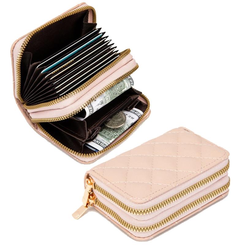 Double Layer Zipper Wallet Multi Card Slot Large Capacity Rhombus Design - Beige