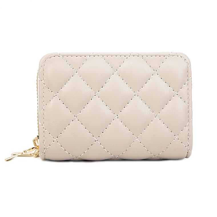 Double Layer Zipper Wallet Multi Card Slot Large Capacity Rhombus Design - Beige