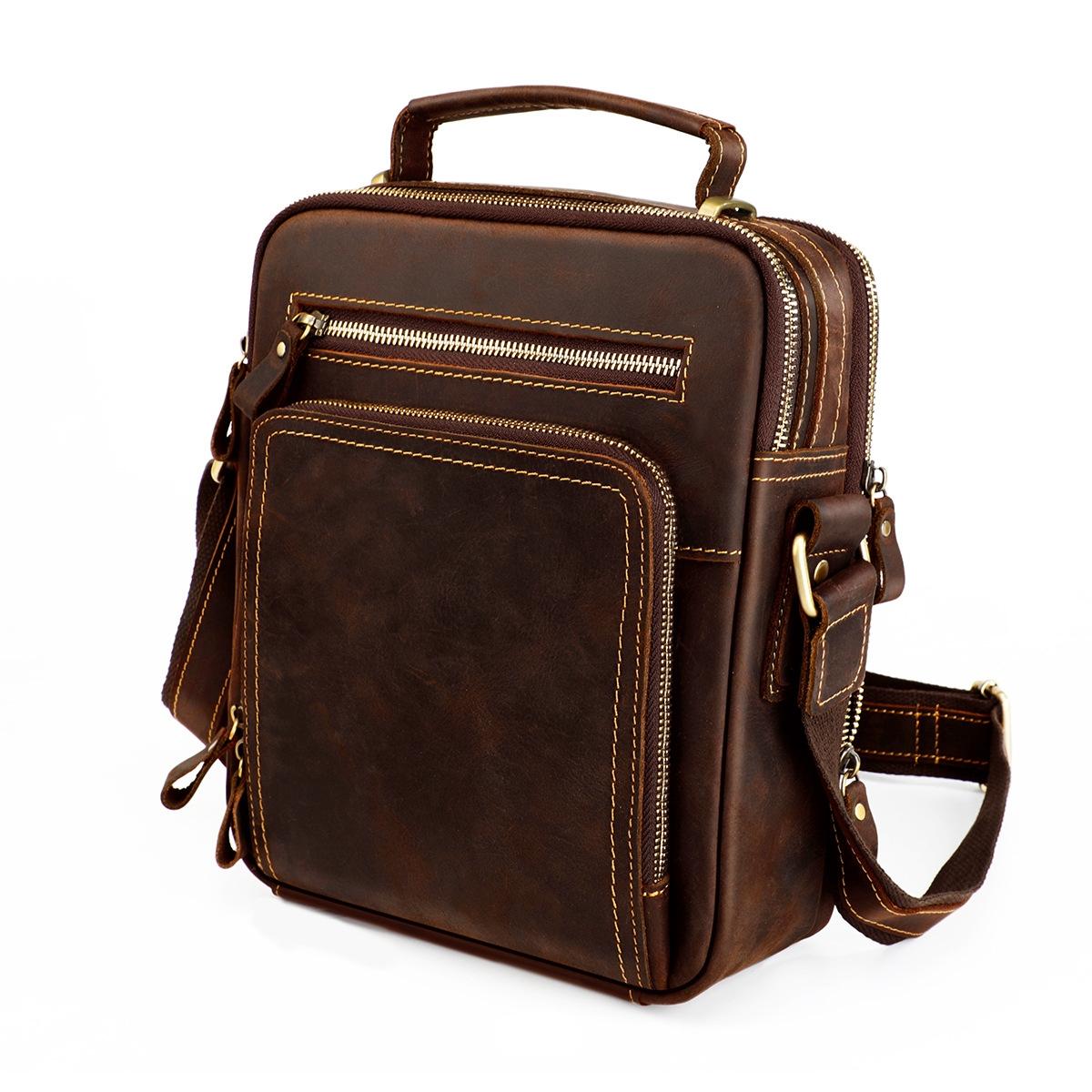 Men Crazy Horse Leather Crossbody Bag Durable & Stylish - Coffee