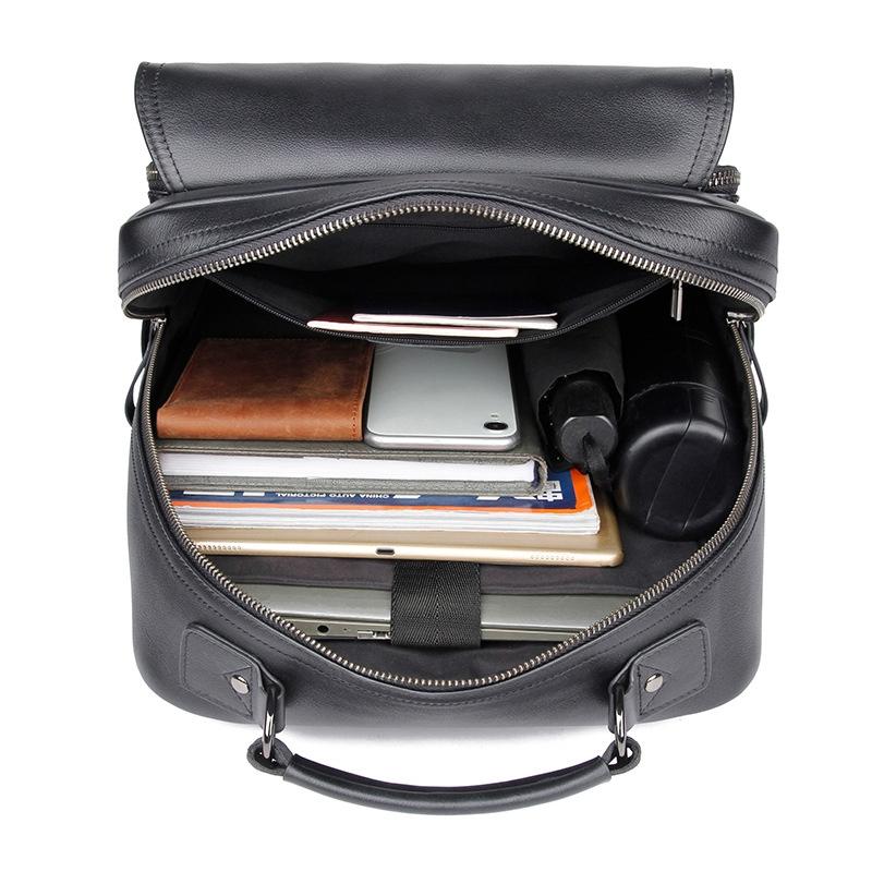 Men Black Cowhide Leather Backpack for Casual Business with Laptop Compartment