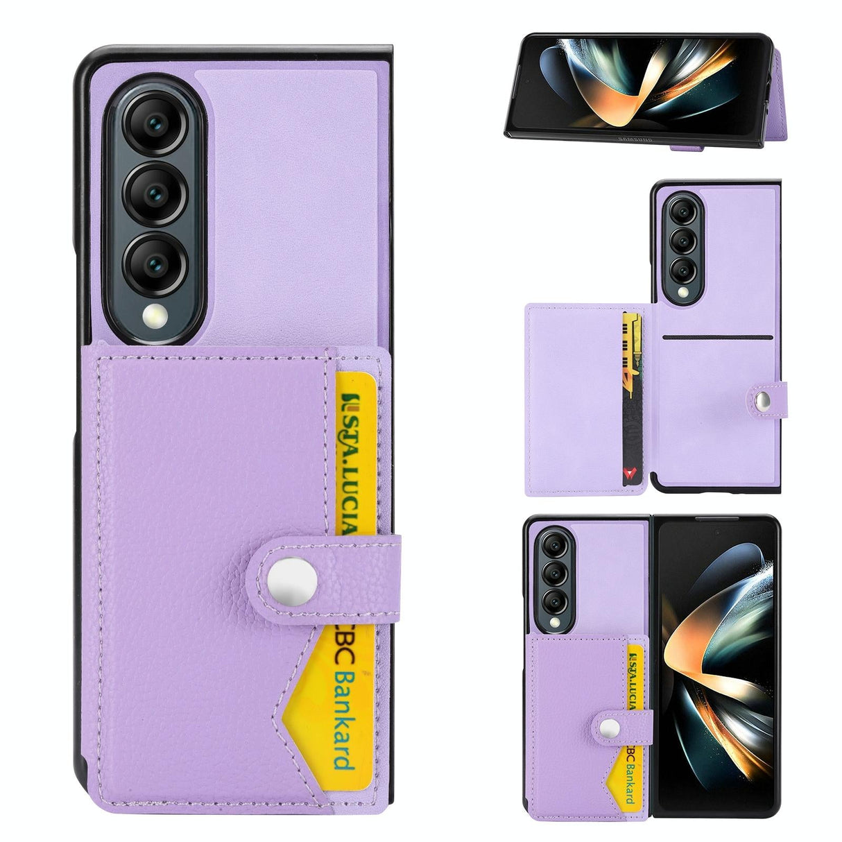 For Samsung Galaxy Z Fold4 5G Samsung Galaxy Z Fold4 Litchi Pattern Single Button Card Holder Phone Case - Light Purple